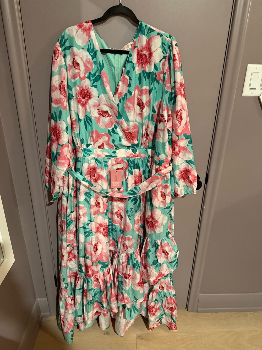 Ivy City Co “Mi Amor” Teal Floral Wrap Maxi with Pink Blooms and Cream Details